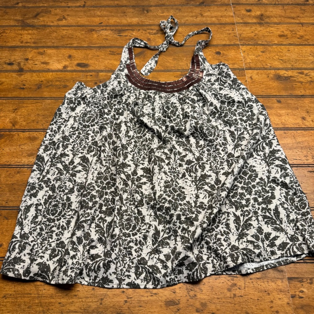 ELLE‎ Womens White Black Floral Halter Neck Beaded Tank Top XL